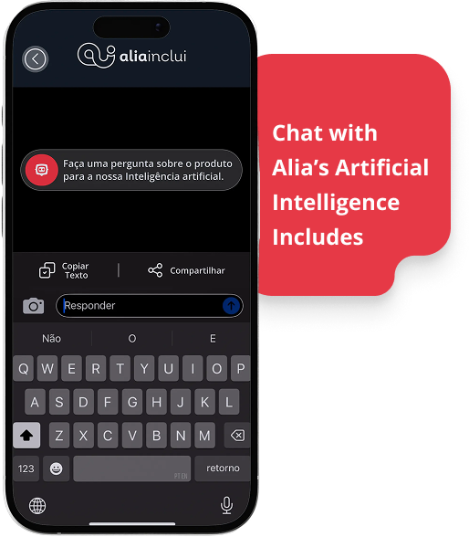 Image of a smartphone displaying the chat interface of the 'Alia Inclui' application.