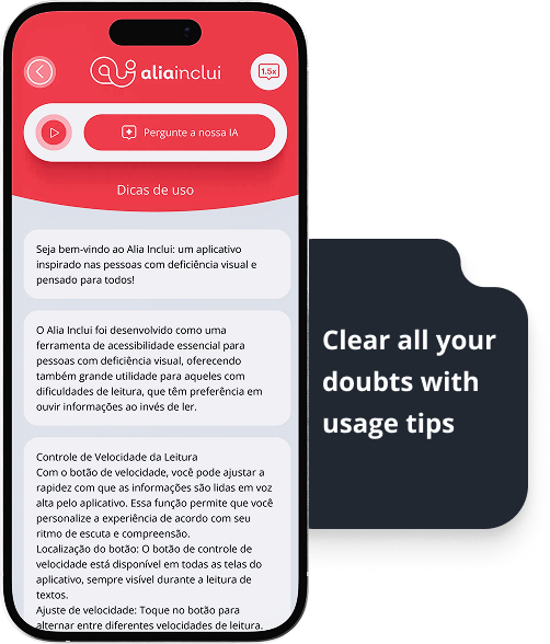 Image of a smartphone displaying the 'Usage Tips' section of the 'Alia Inclui' application.