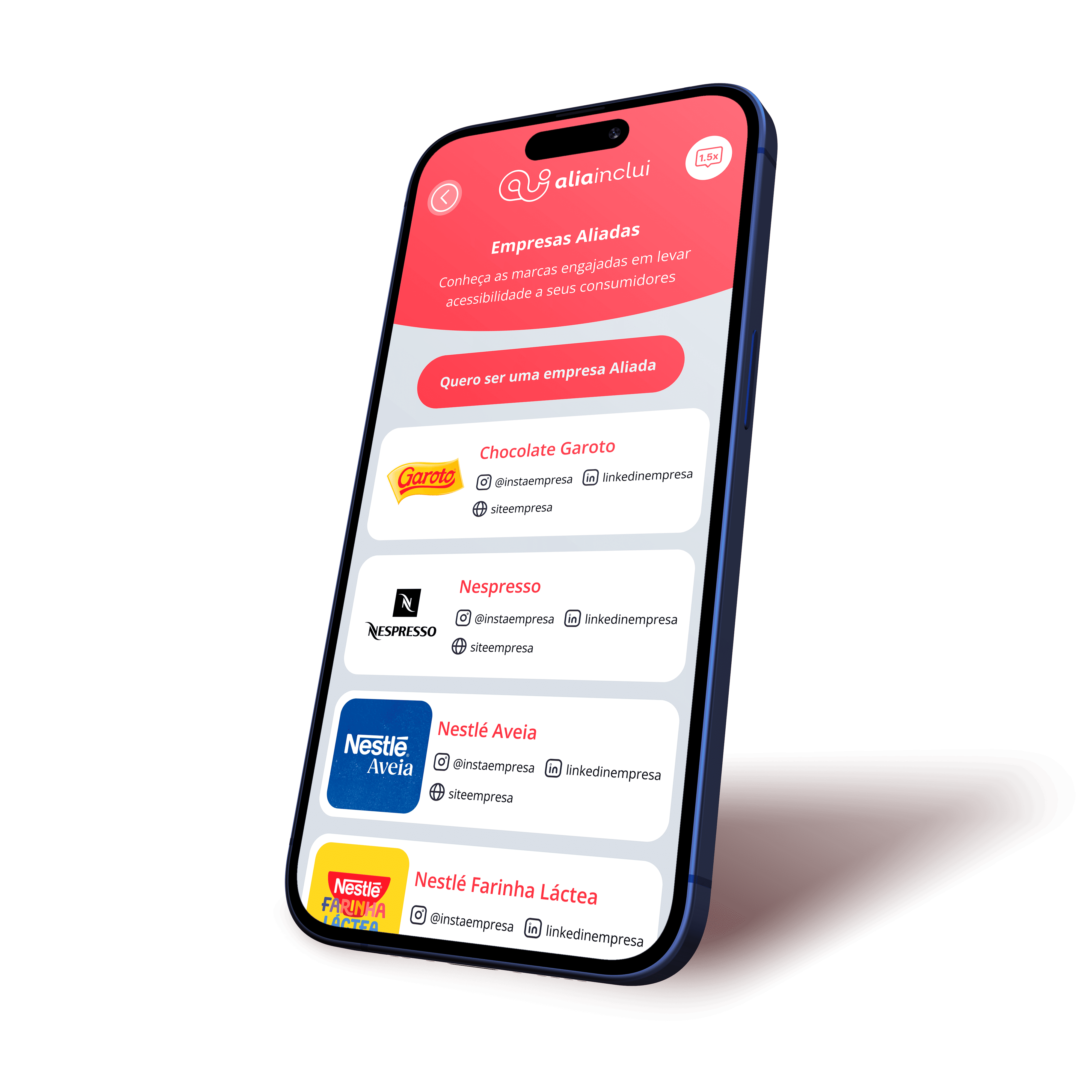 Mockup de um smartphone exibindo a tela do app Alia Inclui