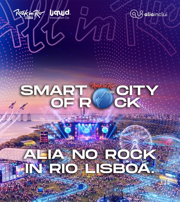 Banner of the partnership between Alia Inclui, Rock in Rio Lisboa, and Liquid Innovation Co. Aerial photo of the festival at dusk with an illuminated stage, crowd, and Ferris wheel. Text: "Smart City of Rock – Alia at Rock in Rio Lisboa."
